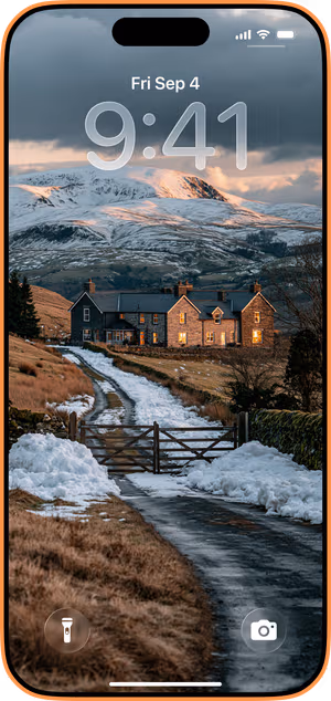 Wallpaper preview on iPhone 17 Pro Max running iOS 26 - Moody Gray Mountain Cottage