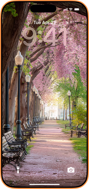 Wallpaper preview on iPhone 17 Pro Max running iOS 26 - Blossom Park Walkway