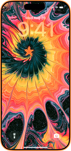 Wallpaper preview on iPhone 17 Pro Max running iOS 26 - Psychedelic Bloom Marbling