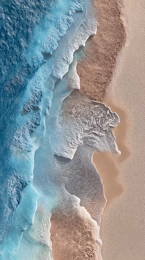 Aerial minimalist beach waves centered on a turquoise and sand background in calm, textured aesthetic ultra HD 8K
