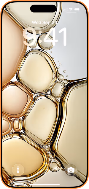 Wallpaper preview on iPhone 17 Pro Max running iOS 26 - Golden Liquid Bubbles