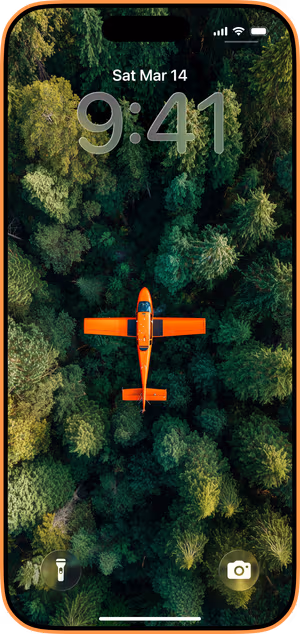 Wallpaper preview on iPhone 17 Pro Max running iOS 26 - Orange Plane Over Forest