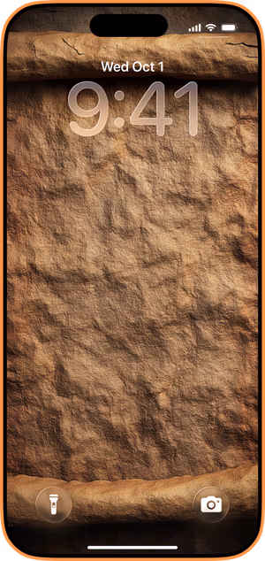 Wallpaper preview on iPhone 17 Pro Max running iOS 26 - Aged Parchment Scroll
