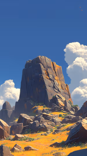 Minimalist illustration of a sunlit mountain peak centered on golden grass and blue sky background ultra HD image.