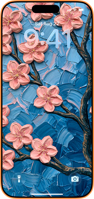 Wallpaper preview on iPhone 17 Pro Max running iOS 26 - Blue Cherry Blossom Impasto