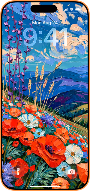 Wallpaper preview on iPhone 17 Pro Max running iOS 26 - Vibrant Impressionist Wildflowers