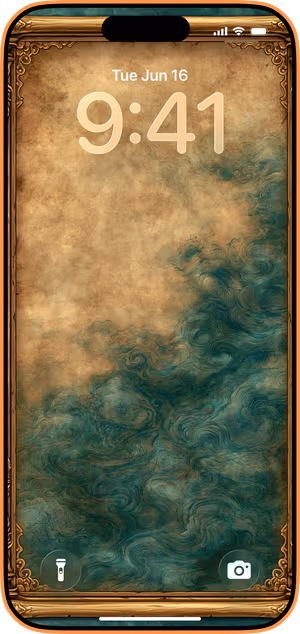 Wallpaper preview on iPhone 17 Pro Max running iOS 26 - Golden Parchment Frame