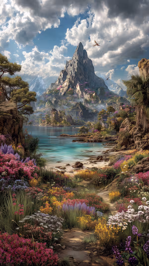 Cinematic mountain lake with wildflower meadow centered on a turquoise landscape, ultra hd 8K background.