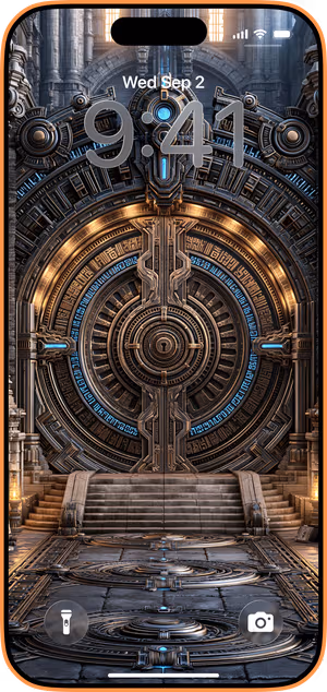 Wallpaper preview on iPhone 17 Pro Max running iOS 26 - Gothic Bronze Portal