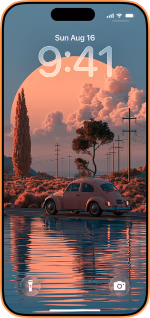 Wallpaper preview on iPhone 17 Pro Max running iOS 26 - Coral Sunset Beetle