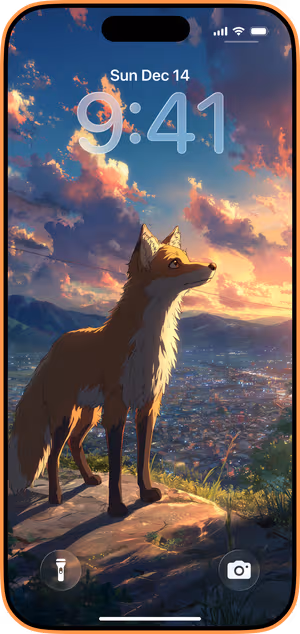 Wallpaper preview on iPhone 17 Pro Max running iOS 26 - Golden Hour Fox