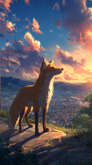 Anime style fox standing on a rocky hill against a golden sunset cityscape ultra hd 8K mobile background