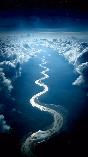 Aerial, dreamy winding river centered on a deep blue cloudscape under a starry sky ultra HD phone background.