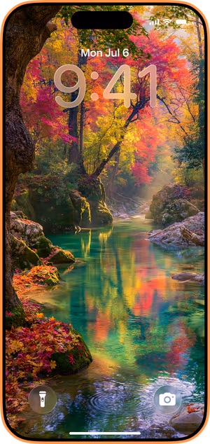 Wallpaper preview on iPhone 17 Pro Max running iOS 26 - Autumn River Reflections