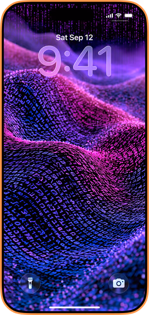 Wallpaper preview on iPhone 17 Pro Max running iOS 26 - Cyberpunk Code Waves