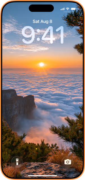 Wallpaper preview on iPhone 17 Pro Max running iOS 26 - Sunrise Mountain Cloudscape