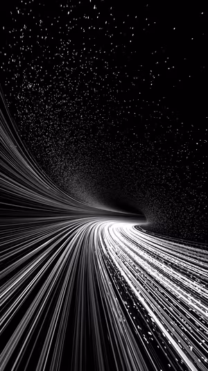 Minimalist monochrome space tunnel centered on a black and white background with streaking light trails and tiny stars, ultra HD background
