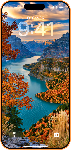 Wallpaper preview on iPhone 17 Pro Max running iOS 26 - Autumn Lake Mountain Valley