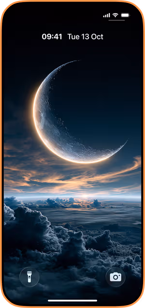 Wallpaper preview on iPhone 17 Pro Max running iOS 26 - Luminous Crescent Cloudscape
