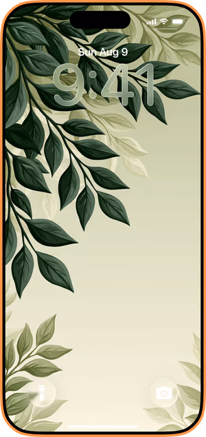 Wallpaper preview on iPhone 17 Pro Max running iOS 26 - Sage Botanical Leaf Branches