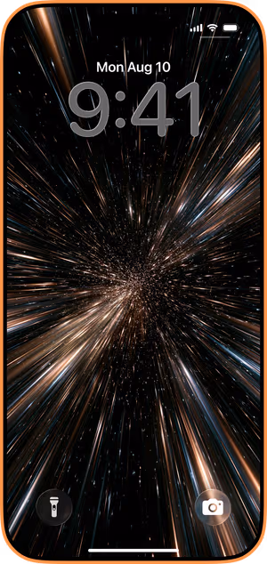 Wallpaper preview on iPhone 17 Pro Max running iOS 26 - Cosmic Star Trail Burst