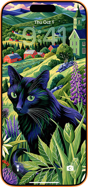 Wallpaper preview on iPhone 17 Pro Max running iOS 26 - Black Cat Countryside Bloom