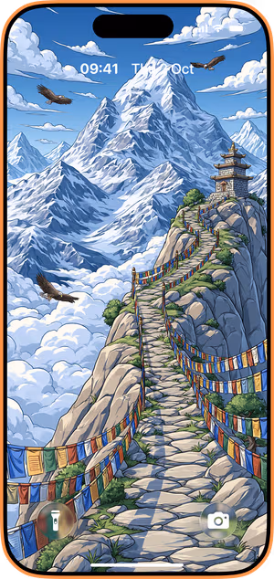 Wallpaper preview on iPhone 17 Pro Max running iOS 26 - Blue Alpine Mountain Trail