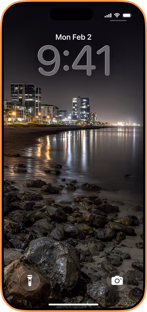 Wallpaper preview on iPhone 17 Pro Max running iOS 26 - Glassy Night Shore