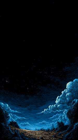 Hand engraved starry night landscape with swirling blue clouds and glowing gold shoreline, ultra HD iPhone background.
