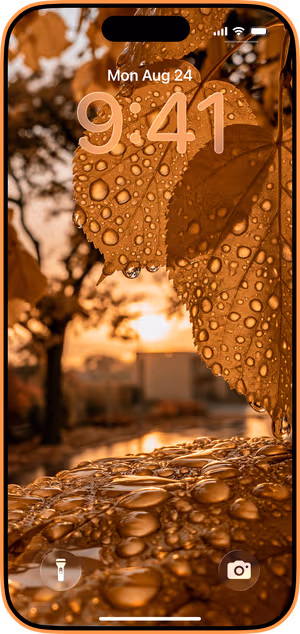Wallpaper preview on iPhone 17 Pro Max running iOS 26 - Amber Rain Dappled Leaves