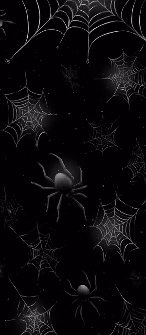 Minimalist gothic spider web and silhouetted spiders centered on a deep black background in an eerie monochrome aesthetic.