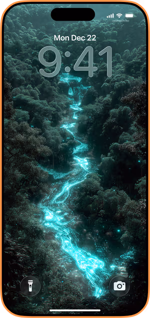 Wallpaper preview on iPhone 17 Pro Max running iOS 26 - teal neon river