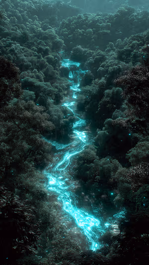 Ethereal neon river winding through a moonlit forest with glowing teal bioluminescent reflections ultra HD image.