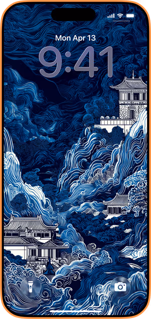 Wallpaper preview on iPhone 17 Pro Max running iOS 26 - Indigo Wave Pagodas