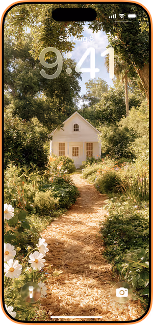 Wallpaper preview on iPhone 17 Pro Max running iOS 26 - Cottage Garden Path