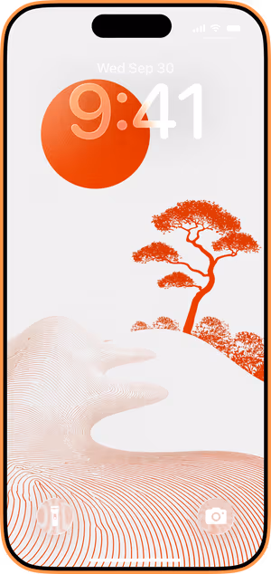 Wallpaper preview on iPhone 17 Pro Max running iOS 26 - Vermilion Contour Landscape