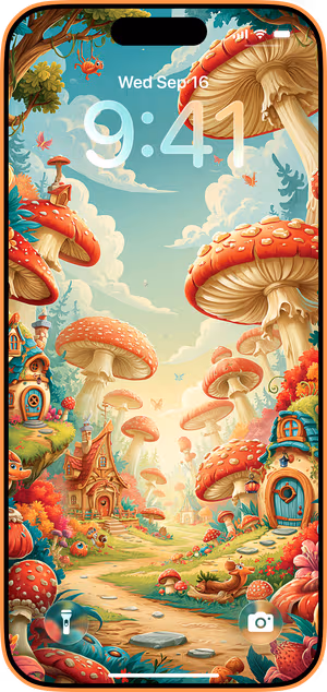 Wallpaper preview on iPhone 17 Pro Max running iOS 26 - Enchanted Mushroom Village