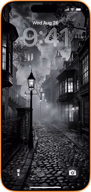 Wallpaper preview on iPhone 17 Pro Max running iOS 26 - Gothic Foggy Alley