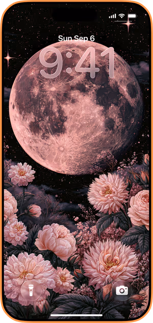 Wallpaper preview on iPhone 17 Pro Max running iOS 26 - Pink Moonflower Night