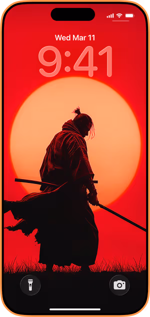Wallpaper preview on iPhone 17 Pro Max running iOS 26 - Samurai Sunset Silhouette