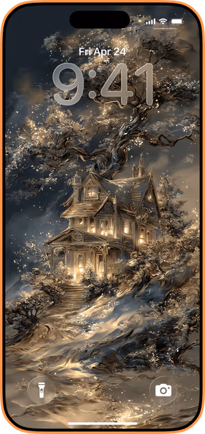 Wallpaper preview on iPhone 17 Pro Max running iOS 26 - Luminous Hilltop Cottage