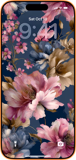 Wallpaper preview on iPhone 17 Pro Max running iOS 26 - Painterly Navy Blooms