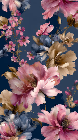 Painterly oil paint floral arrangement centered on a deep navy background with soft brushstrokes and romantic pink, blue, beige tones
