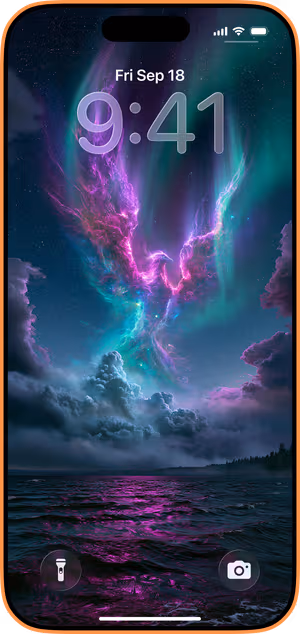 Wallpaper preview on iPhone 17 Pro Max running iOS 26 - Cosmic Phoenix Ocean
