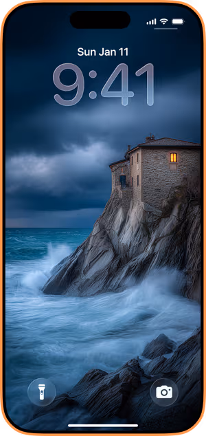 Wallpaper preview on iPhone 17 Pro Max running iOS 26 - Cliffside Stone House