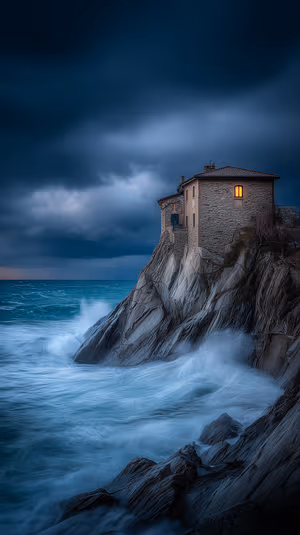 Moody seaside cliff house centered on a deep blue stormy background with warm window light ultra HD background