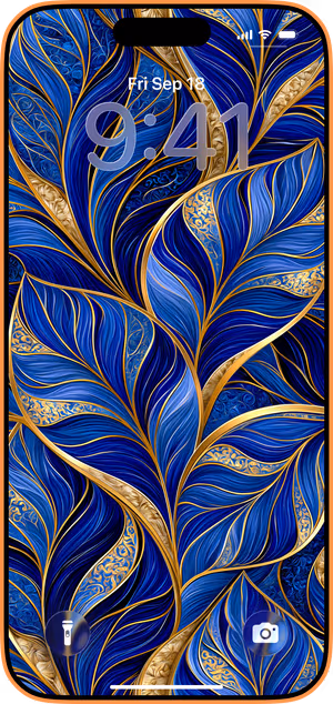 Wallpaper preview on iPhone 17 Pro Max running iOS 26 - Blue Gold Botanical Leaves