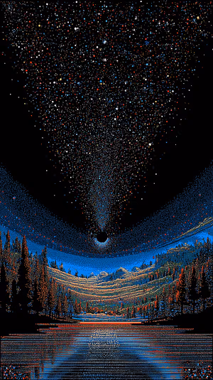 Pointillist cosmic forest and mountain reflections in midnight blue tones, ultra hd pointillist art