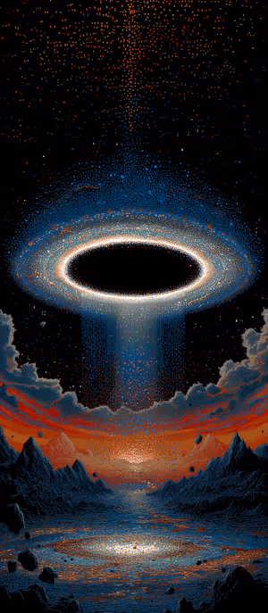 Sci fi cosmic vortex portal above rugged mountains, glowing blue and orange particle streams ultra HD 8K background for iPhone.