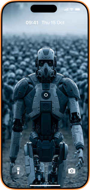 Wallpaper preview on iPhone 17 Pro Max running iOS 26 - Blue Cyberpunk Robot